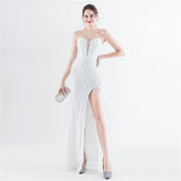 Handmade Beaded Flower Sequined Fishbone Evening Strap Party Dress